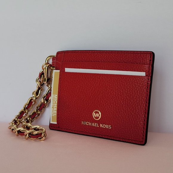 MICHAEL KORS Jet Set Small ID Pebbled Leather Chain Card Holder Case-Crimson⭐ - Picture 5 of 16